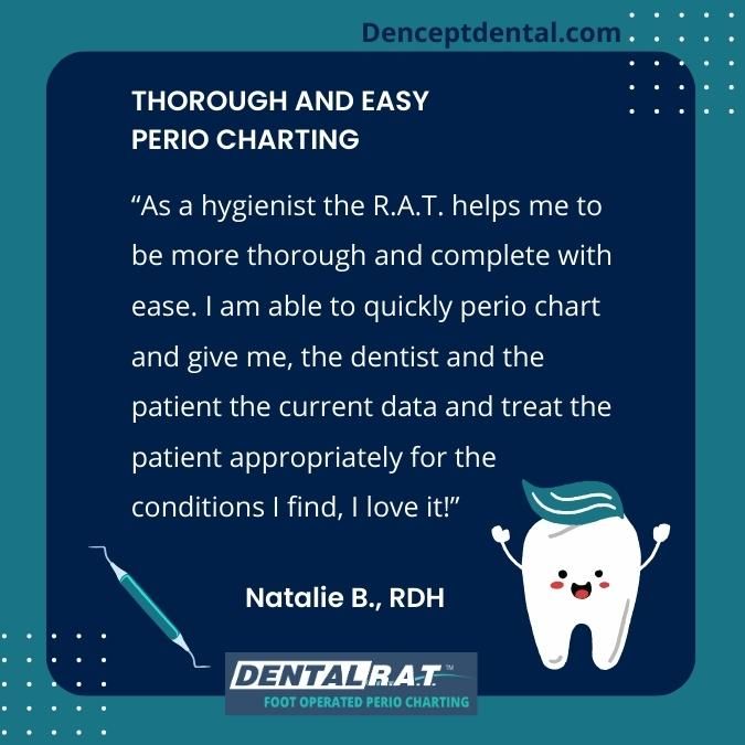 As a hygienist the R.A.T. helps me to be more thorough and complete with ease. I am able to quickly perio chart and give me, the dentist and the patient the current data and treat the patient appropriately for the conditions I find, I love it!